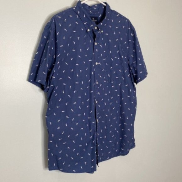 American Outfitters Men Blue All Over Shark Print Button Down Shirt Size XL - Picture 2 of 12
